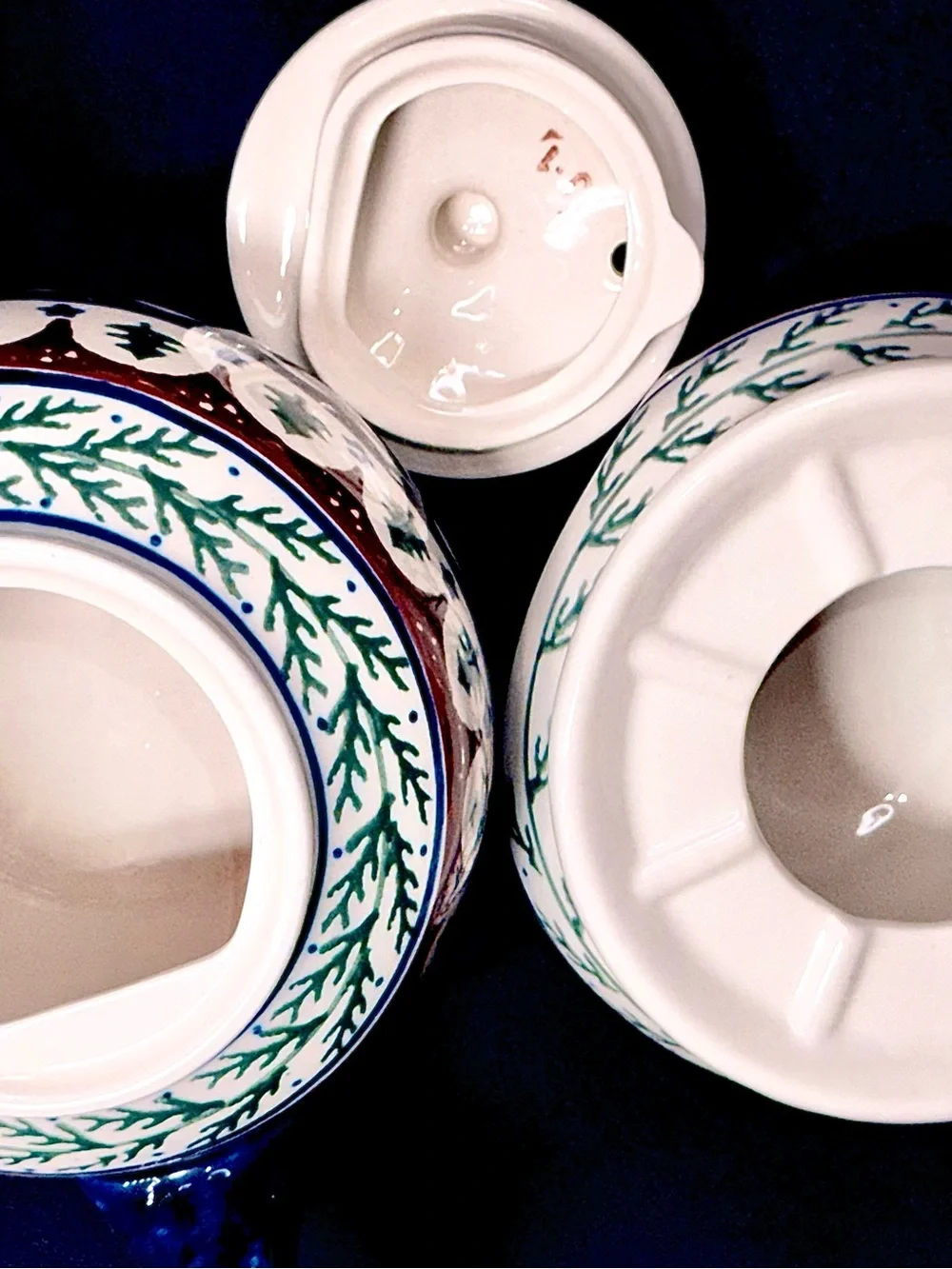 Blue and White Ceramic Teapot with Green and Brown Pattern